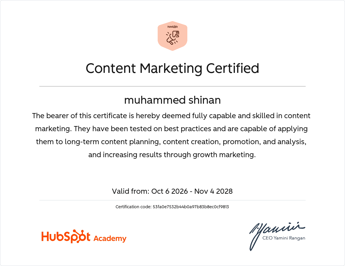 Shinan HubSpot Content Marketing certification
